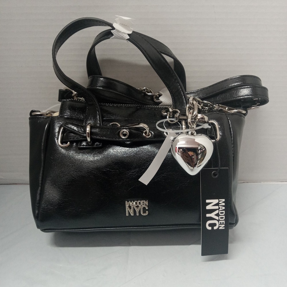 Madden NYC Black Clip Belt Mini Satchel Crossbody Bag Purse Heart Charm NWT